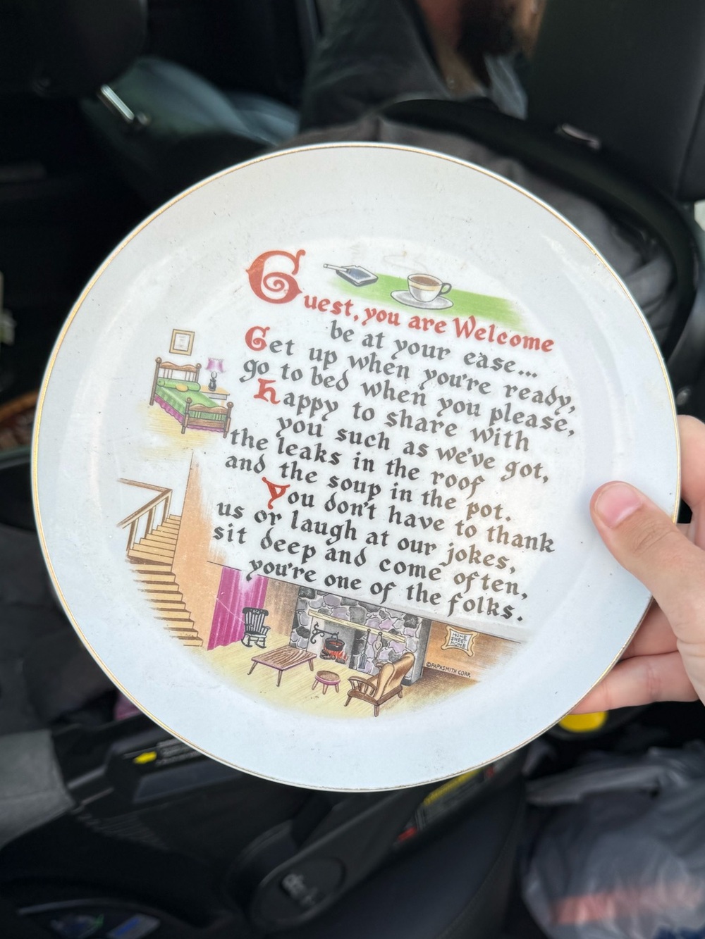 Decorative Poem Plate with Cozy Cottage Illustration - White, Red, Green